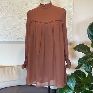 Reformation Jourdan Long Sleeve Mini Dress in Cinnamon Brown Sz Small